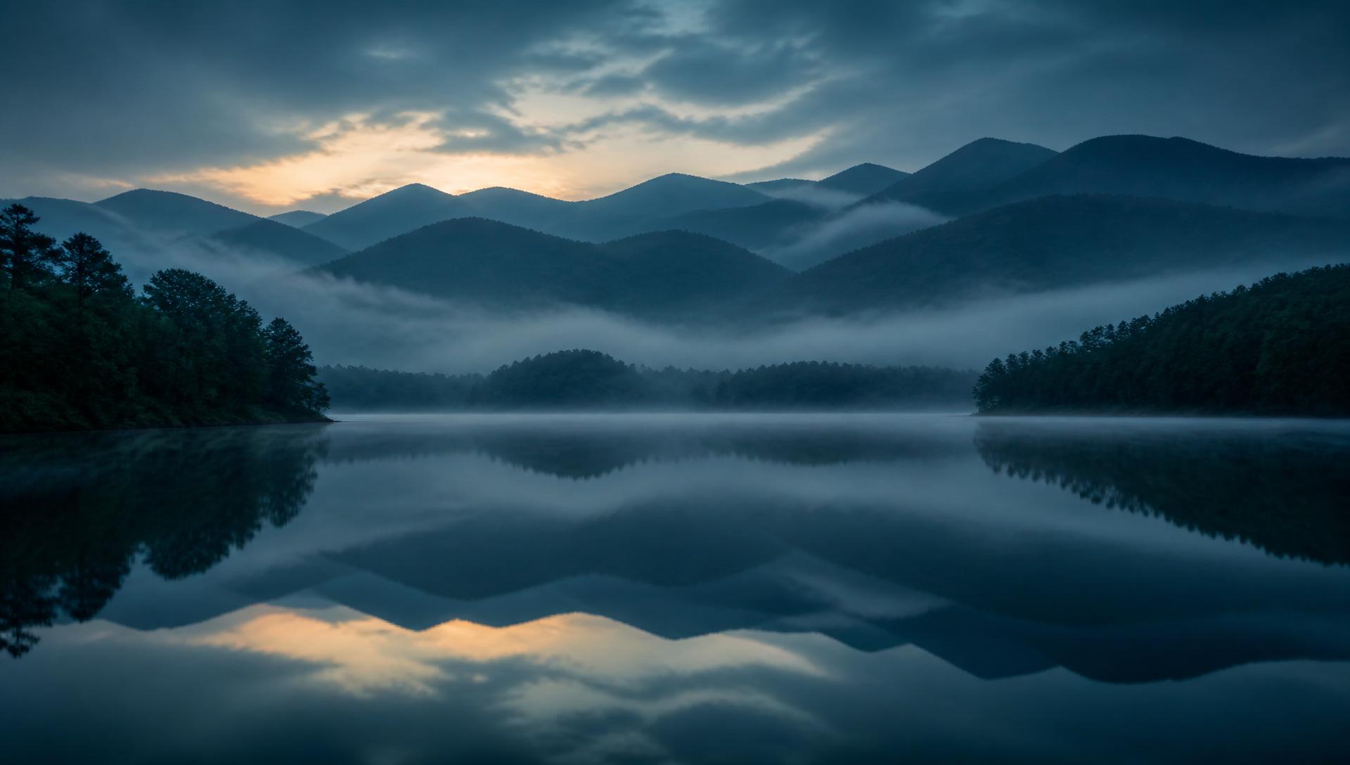 Still lake at dawn in the Smoky Mountains, mist over glass-smooth water